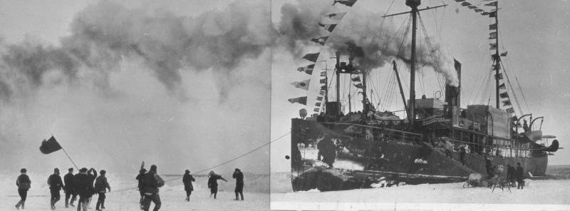 Ледокол, 6 июня 1937 - 19 февраля 1938, Северный полюс. Высадка экспедиции на лед была выполнена 21 мая 1937 года. Официальное открытие дрейфующей станции «Северный полюс-1» состоялось 6 июня 1937 года. Через 9 месяцев дрейфа (274 дня) на юг станция была вынесена в Гренландское море, льдина проплыла более 2000 км. Ледокольные пароходы «Таймыр» и «Мурман» сняли полярников 19 февраля 1938 года.Видео «Неизведанные края Отто Шмидта» с этой фотографией.