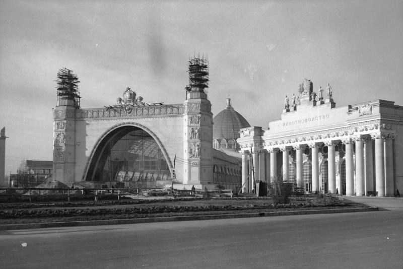 Павильоны «Животноводство» и «Механизация и электрификация сельского хозяйства» на стадии отделки, 1954 год, г. Москва. Оба павильона расположены на Площадь Механизации.