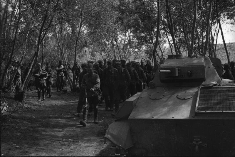 Брянский фронт. Немецкие военнопленные в лесу. Танк Т-60, 1941 год