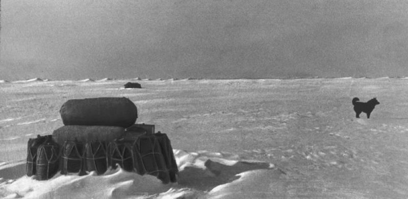 Один из складов на дрейфующей станции «Северный Полюс-1». Справа – пес по кличке Веселый, 1937 год