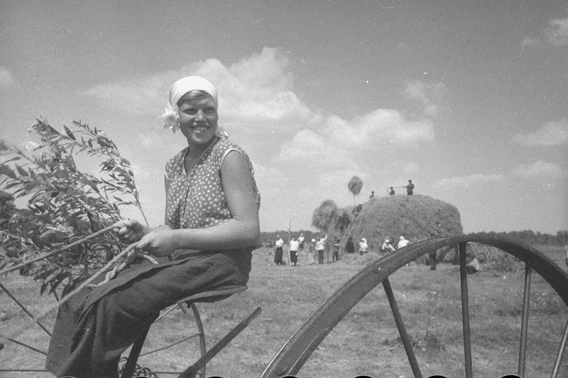 На уборке сена, 1938 год, Куйбышевская обл.. Ныне Самарская область.Выставка «На сеновал!» с этой фотографией.