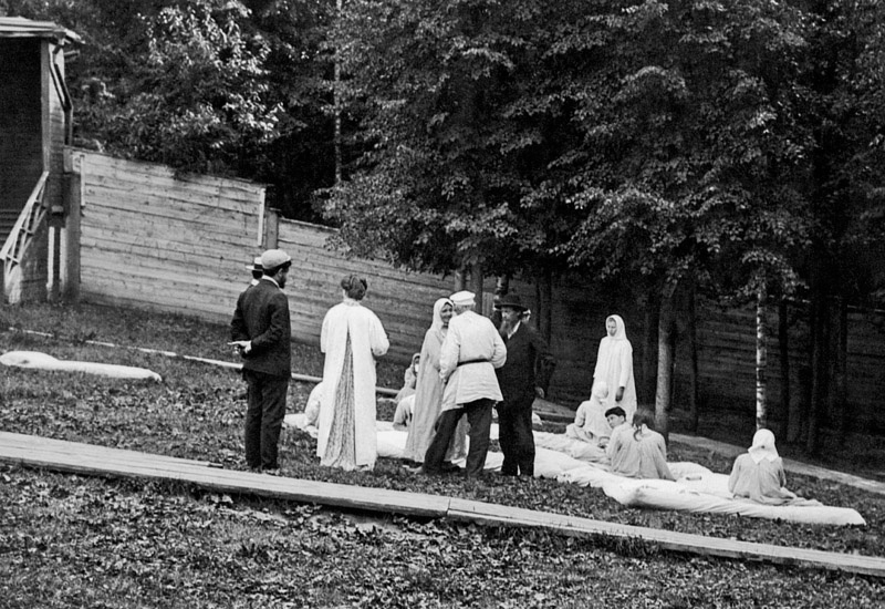 Лев Толстой в деревне Ивино посещает больных психиатрических лечебниц, находящихся на патронаже у местных крестьян, июнь 1910, дер. Ивино