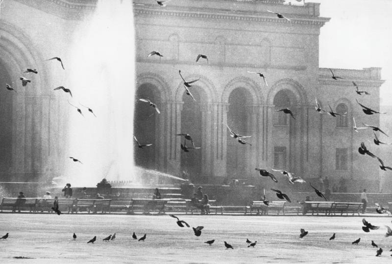 Голуби на площади Ленина, 1960-е, Армянская ССР, г. Ереван. Национальная картинная галерея Армении и Национальный исторический музей Армении.Выставка «На фоне фонтана» с этой фотографией.