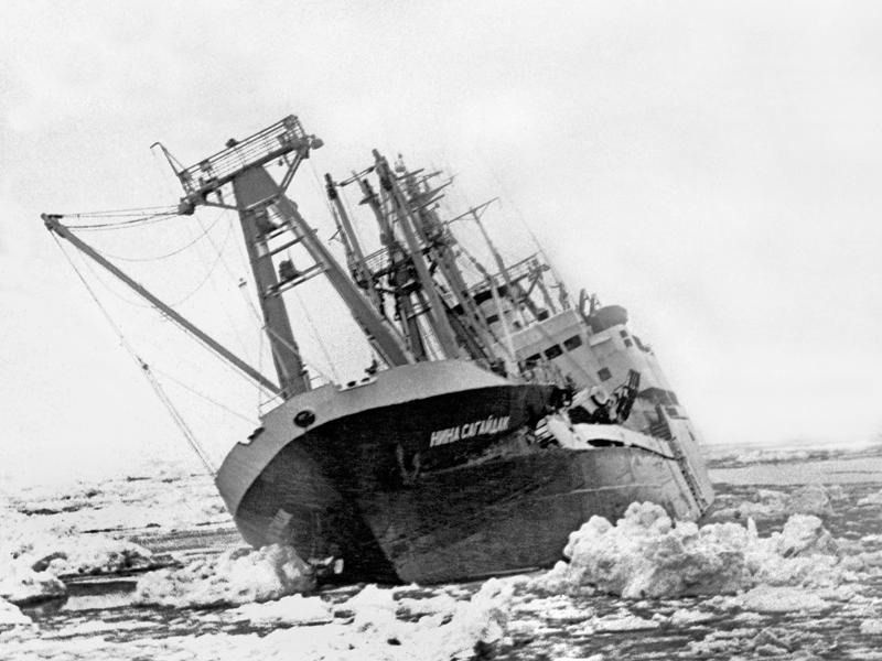 «Осенью в восточном районе Арктики сложилась экстремально тяжелая ледовая обстановка – прошел обвал Айонского массива. Теплоход «Нина Сагайдак» погиб, раздавленный льдами», 1983 год, Чукотское море, пролив Лонга