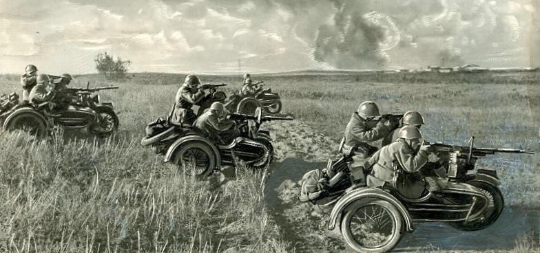 Северо-Западное направление. Советские мотоциклисты идут в атаку, 1943 год