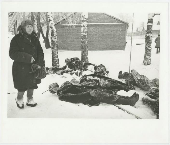 Казненные немцами советские люди. После освобождения Волоколамска, 21 - 31 декабря 1941, Московская обл., г. Волоколамск