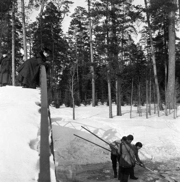 Мужики колют лед. Наверху на мосту стоит Рая, 1904 год, г. Москва, Сокольники