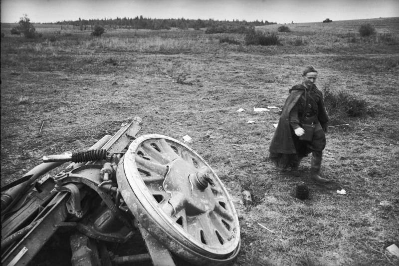 Солдат около разбитого артиллерийского орудия, 1941 - 1945