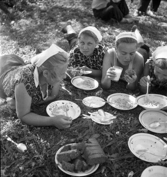 Обед в поле, 1957 год, Тамбовская обл., колхоз «Коминтерн». Выставка «Обеденный перерыв!» с этой фотографией.