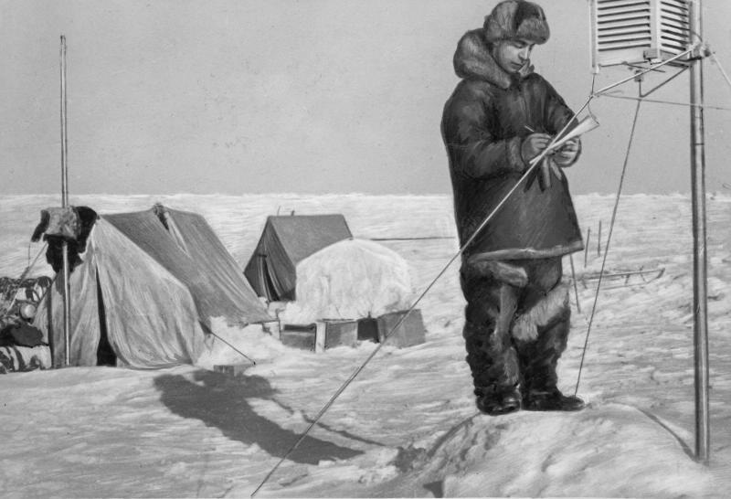 Дрейфующая станция «Северный полюс-1». Евгений Федоров снимает показания метеорологических приборов, 1938 год, Северный полюс